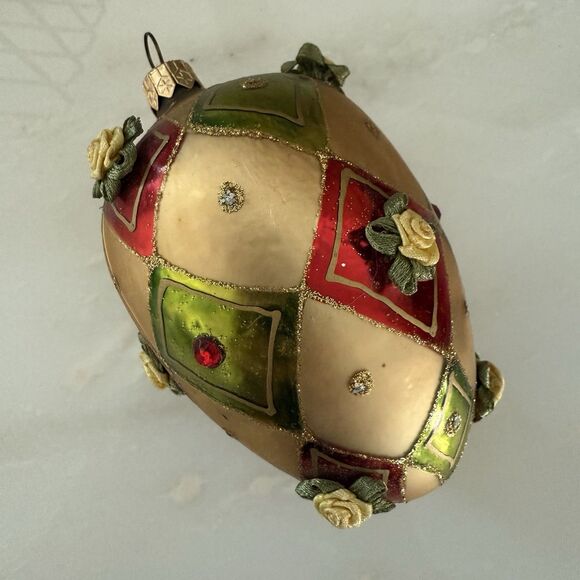 VTG 2004 Waterford Harlequin Rose Egg 5" Glass Ornament Gold Red - Picture 1 of 5